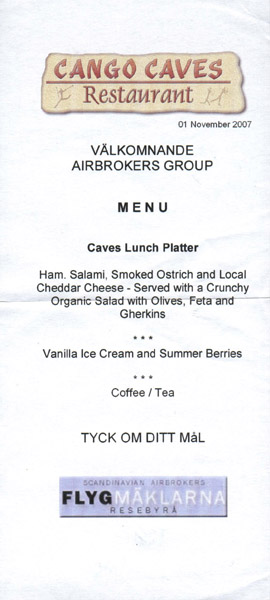 Cango Caves Restaurant menu