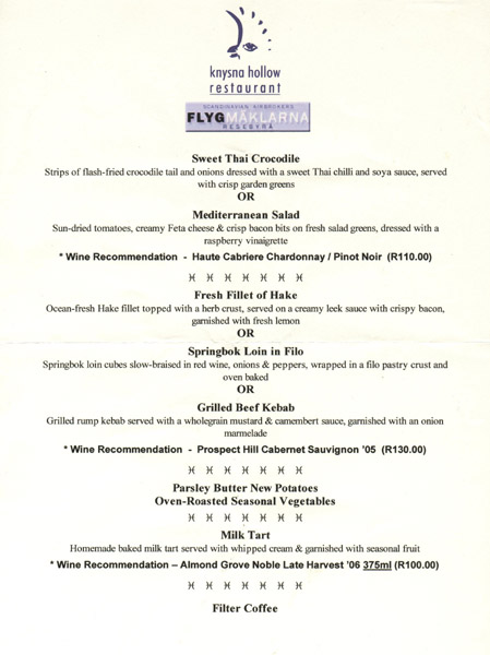Knysna Hollow Restaurant menu
