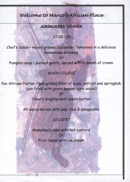 Marco's African Place menu